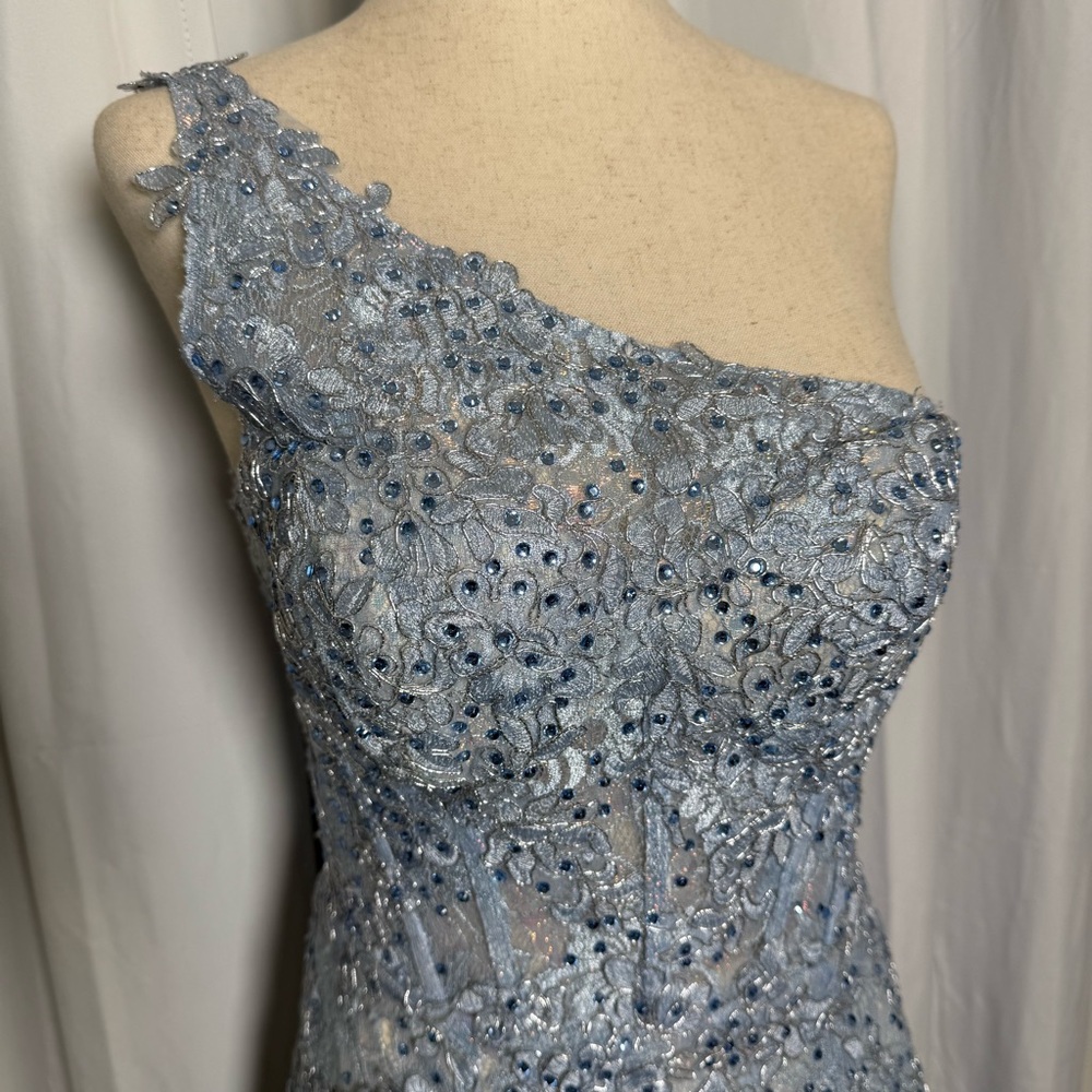 Mac Duggal One Shoulder Lace Beaded Dress Blue Corset Formal Prom Size 4 - Picture 8 of 16